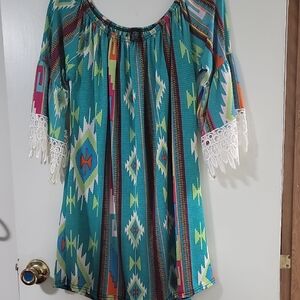 WinWin Turquoise Aztec-Print Peasant Top with White Lace Trim